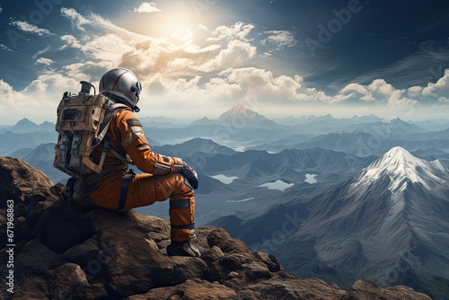 Astronaut standing on an alien planet looking at the stars and universe