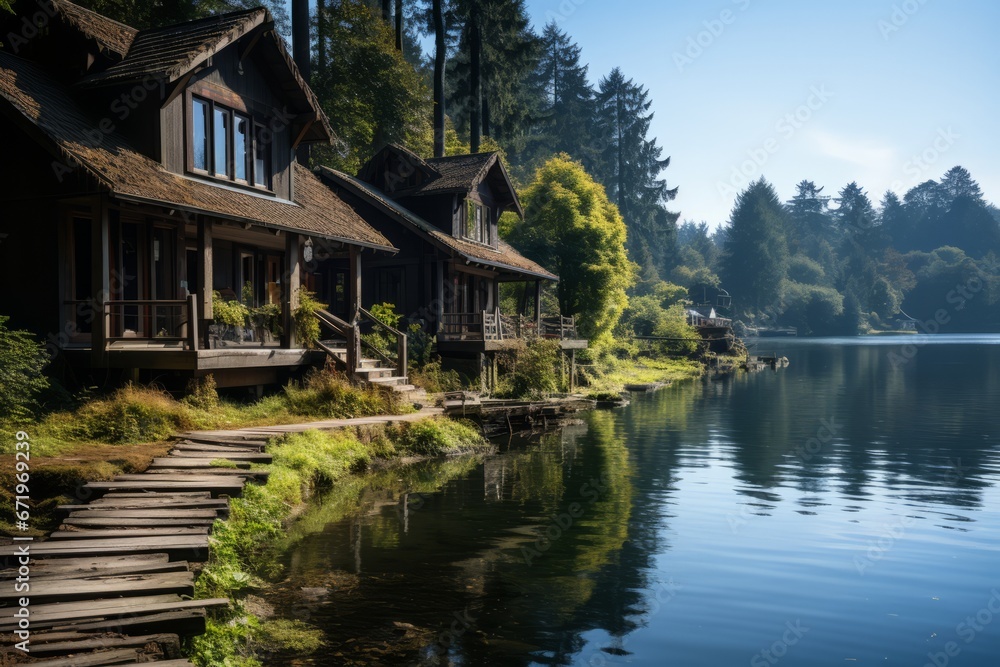 Serene lakeside surrounded by lush hills and tall trees, Generative AI Serene lakeside surrounded by lush hills and tall trees, Generative AI