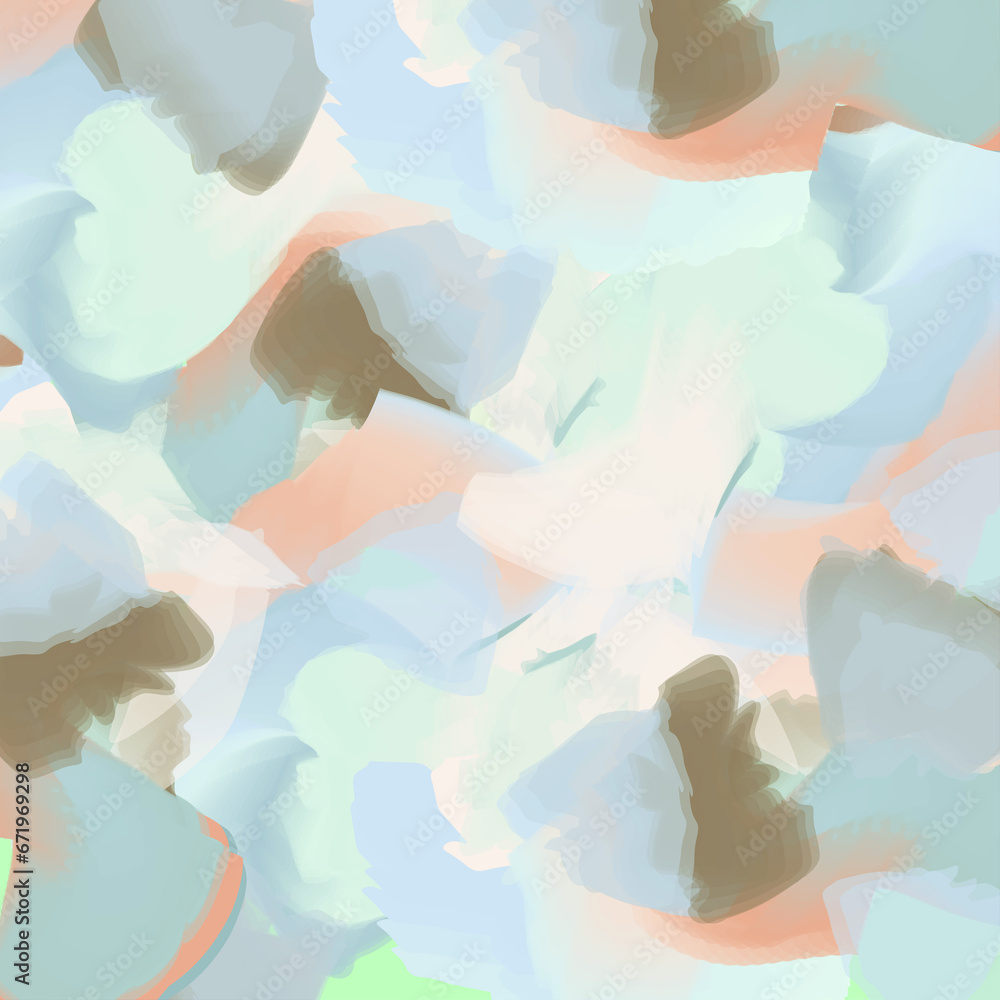 Abstract background of greenish, peach, blue tones.