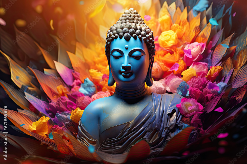 abstract glowing buddha and color painting with flowers