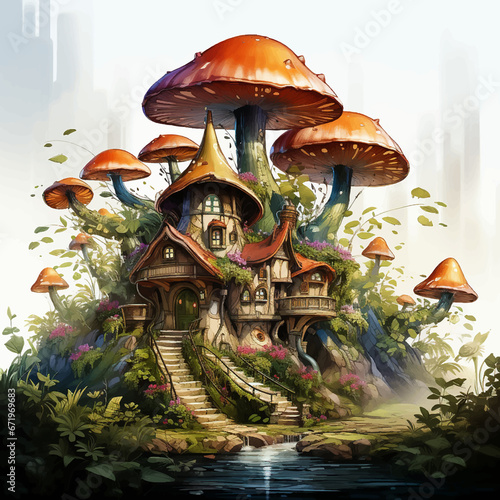 fantasy illustration forest mushroom fairy green house magical fairytale landscape tree nature