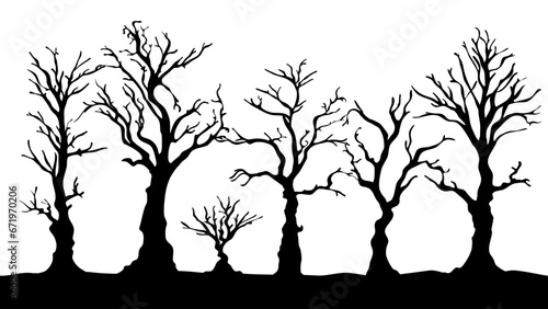 silhouette of dead tree vector illustration. silhouette of trees and branches without leaves. Bare Tree silhouette. Black Branch Tree vector. silhouette of a bare tree.
