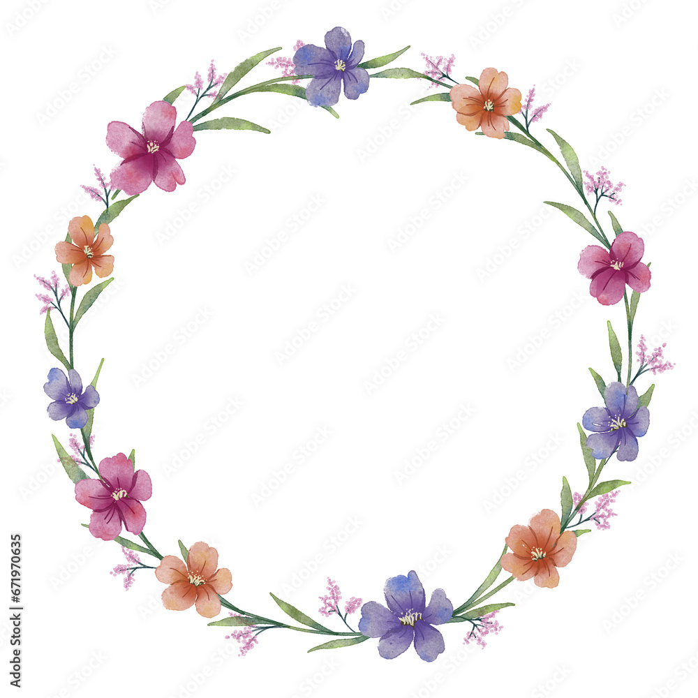 Vintage aesthetic orange purple pink watercolor flower wreath borders frame