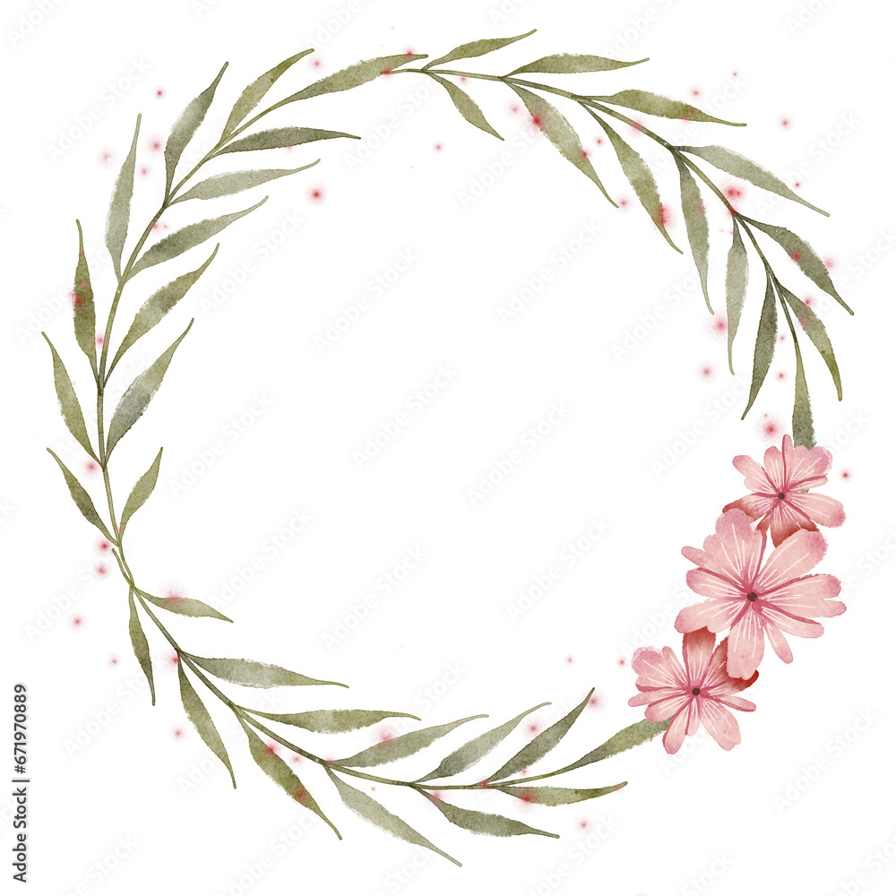 Naklejka premium Watercolor pink flower with leaves wreath borders frame and pink fairy lights