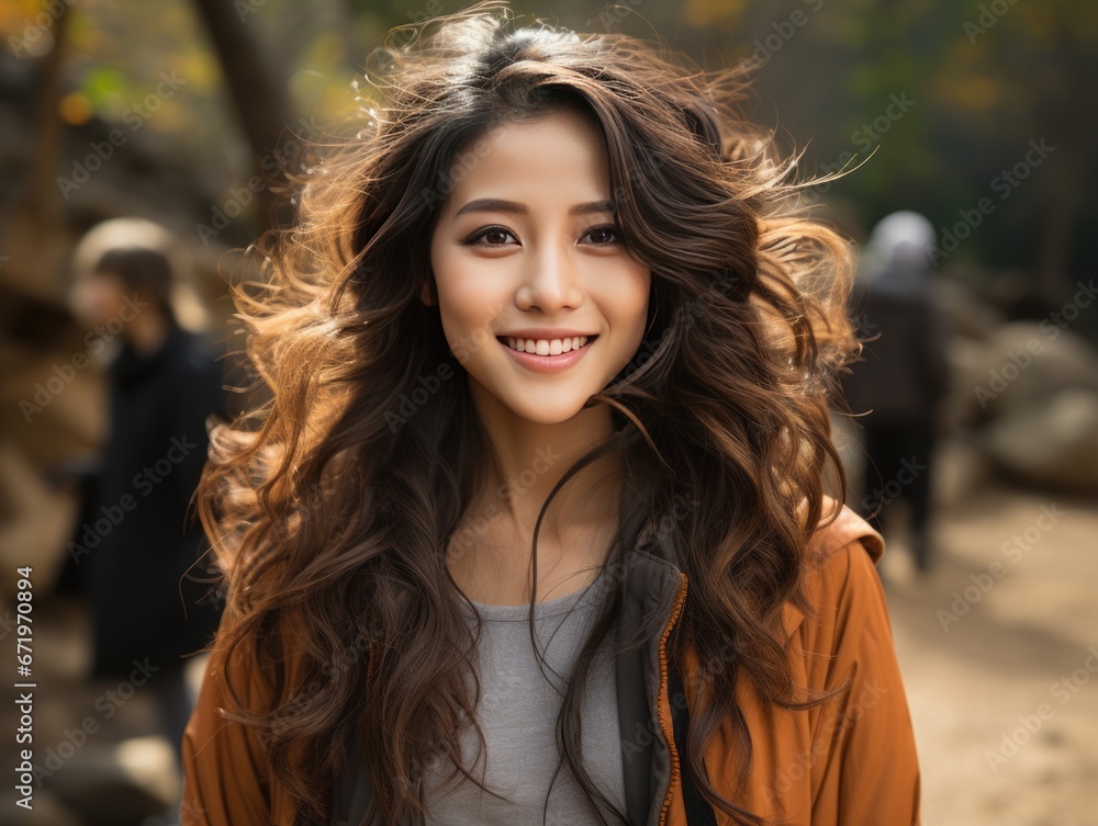 A radiant woman with flowing brunette hair stands outdoors amidst autumnal scenery. Her captivating smile and glowing complexion shine through as she dons a casual orange jacket.