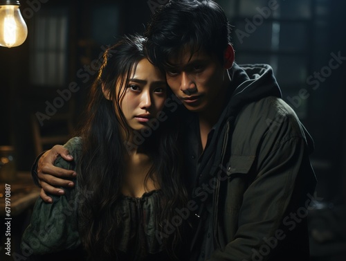 Two individuals share an intimate and intense moment in a dimly lit rustic setting. The woman's apprehensive gaze contrasts with the man's protective demeanor. photo