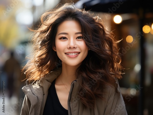 An effervescent young woman exudes warmth as she poses outdoors, with urban cafe lights illuminating the scene behind her. Her tousled brunette hair and genuine smile are highlights. © DigitalArt