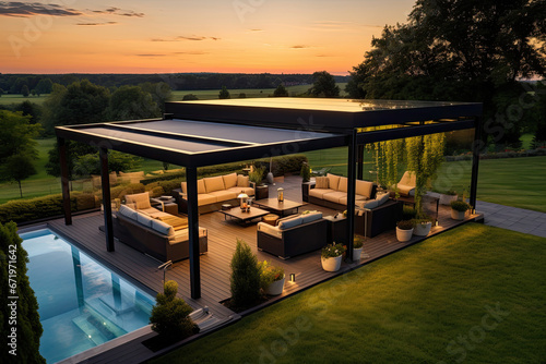 Modern patio furniture include a pergola shade structure, with a pool and grass lawn © Kien