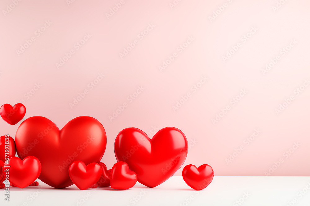 Valentine's day or women's day banner or poster template. Holiday background. Pink background with beautiful red hearts