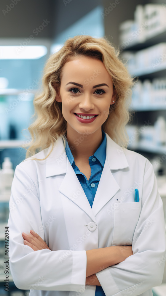 Pharmacist, white woman, blond hair, white apron. Light blue shirt underneath, smiling slightly, confidence in his eyes. Pharmacist, white woman, blond hair, white apron. Light blue shirt underneath, smiling slightly, confidence in his eyes.