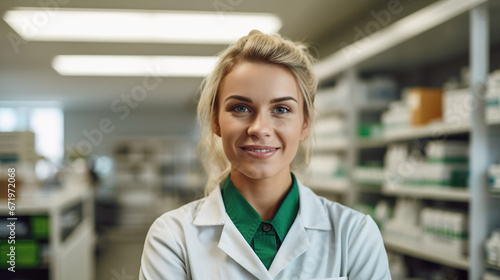 Pharmacist, white woman, blond hair, white apron. Light green shirt underneath, smiling slightly, confidence in his eyes.