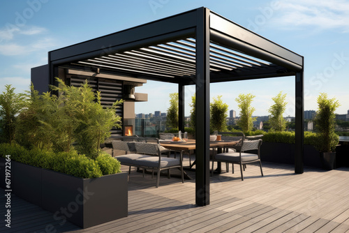 Modern patio furniture include a pergola shade structure  with a pool and grass lawn