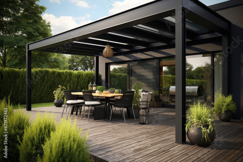Modern patio furniture include a pergola shade structure, with a pool and grass lawn © Kien