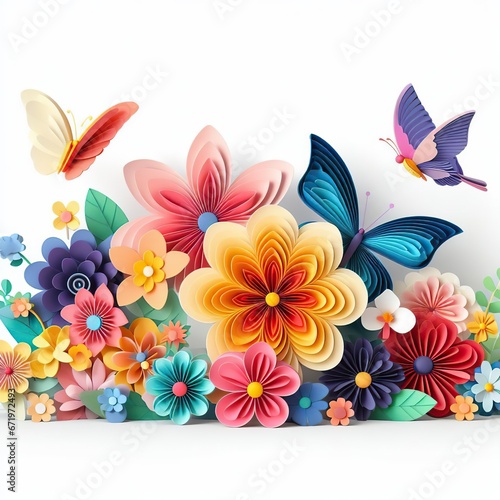 3d rendering paper craft colorful butterfly and flower garden on a white background.