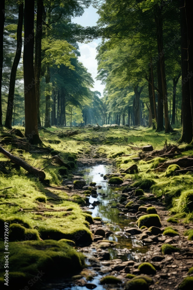 Forest clearing on a hillside, bathed in dappled sunlight, Generative AI Forest clearing on a hillside, bathed in dappled sunlight, Generative AI