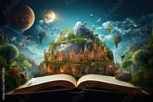an opening book with fantasy world, worlđ of knowledge and imagination