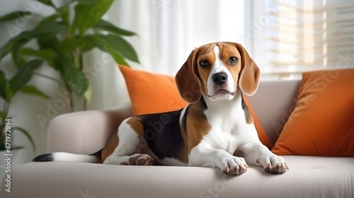 Modern living room interior. Cute beagle on couch. Generative AI.