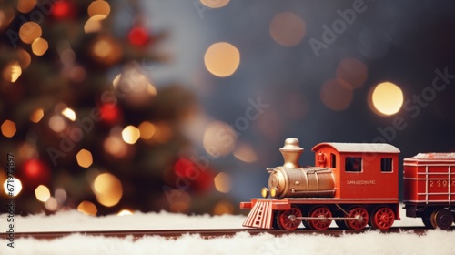 Red toy train and mini gift box, studio shot, bokeh, winter Christmas banner. Generative AI.