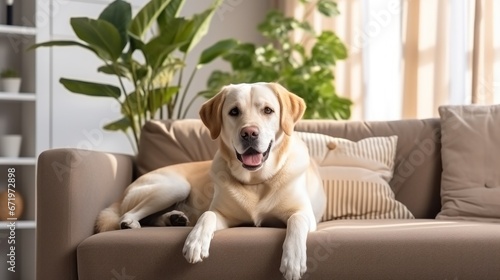 Modern living room interior. Cute Golden Labrador Retriever on couch. Generative AI. © Dusit