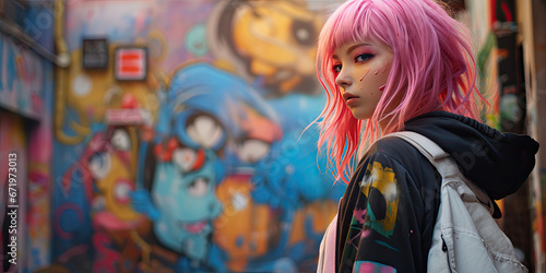 pink anime girl with street background