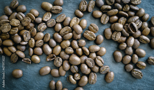 coffee beans on a dark background, top view
