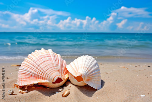 Two seashells on a beach with a blue sky in the background. Relaxation on a beach. Bright image