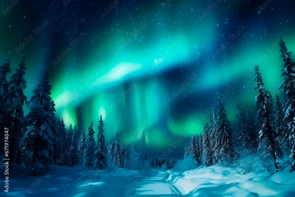 Northern lights on the background of a snowy forest, a beautiful landscape of the north pole. Bright image