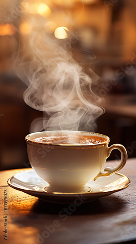 A simple teacup has steam rising from the teacup. On a wooden table at a bright cafe in the morning.