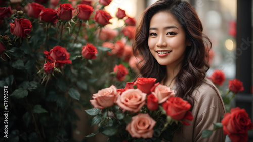 a beautiful young smiling asian woman receiving a roses bouquet for the valentine's day on the 14th february. beautiful scenic landscape in the blurry background.