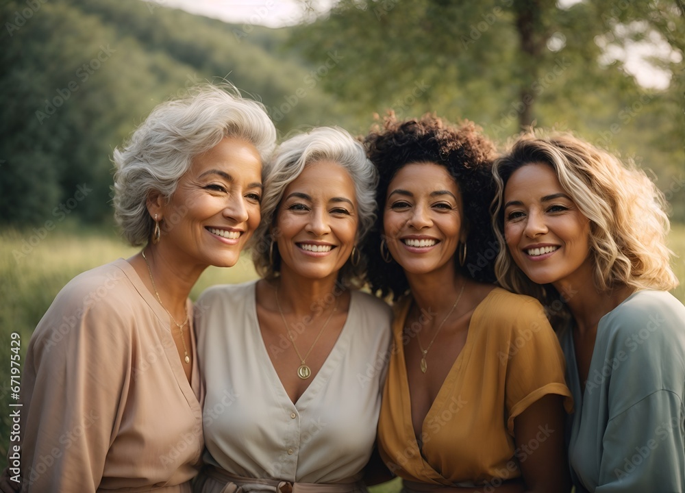 Nature, friends and portrait of group of women enjoying bonding, quality time and relax in retirement together. Diversity, friendship and faces of happy females with smile, hugging and wellness