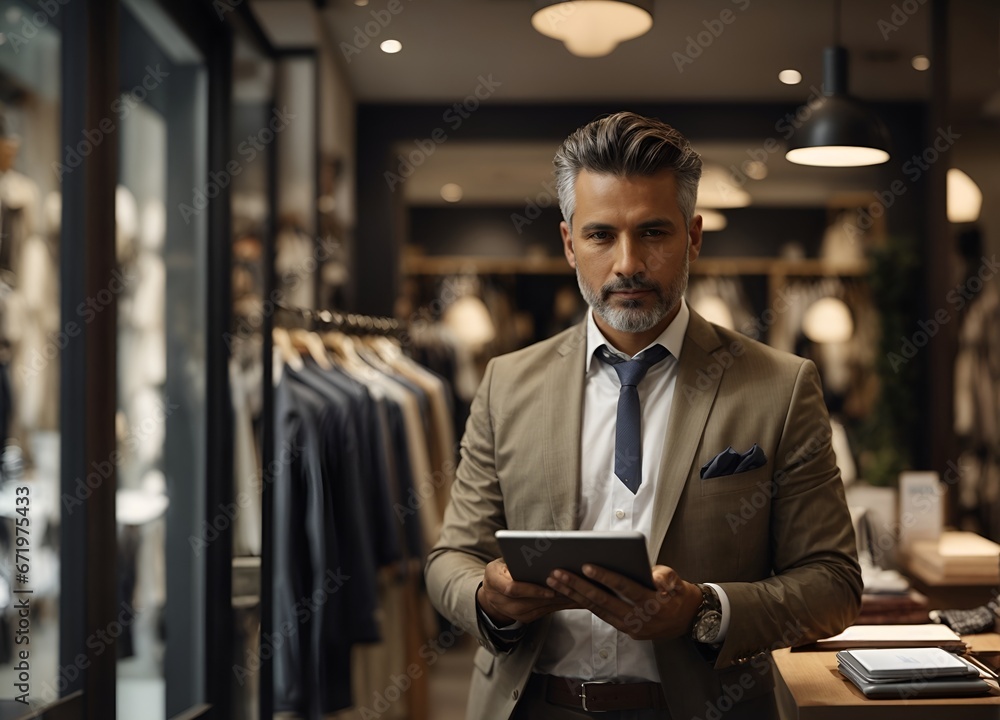 Portrait of the owner of a clothing store at the entrance of the new business with the tablet in hand to analyze the sales, new orders to be sent and check the stocks Portrait of the owner of a clothing store at the entrance of the new business with the tablet in hand to analyze the sales, new orders to be sent and check the stocks