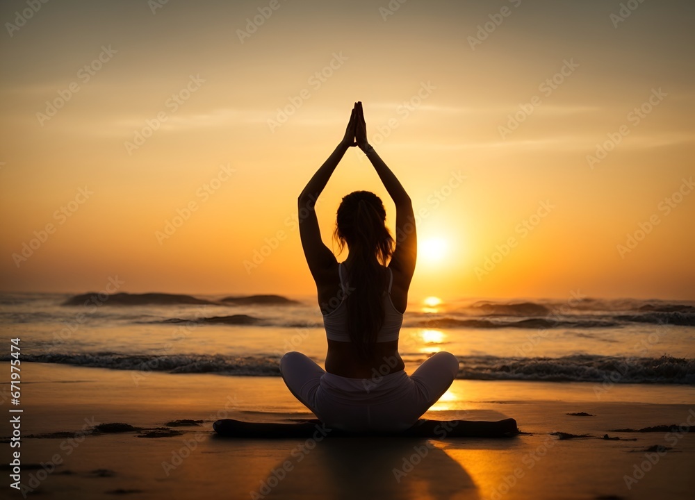 Silhouette woman practicing yoga early morning sunrise over the horizon background, Health and Happy new year concept.