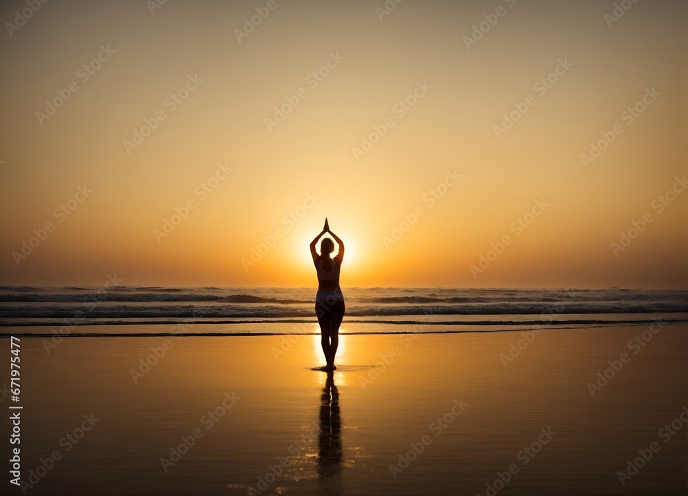 Silhouette woman practicing yoga early morning sunrise over the horizon background, Health and Happy new year concept.