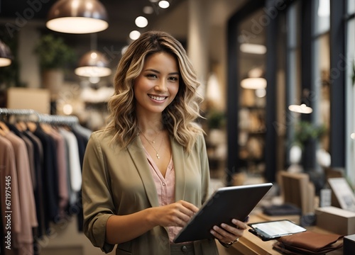 Portrait of the owner women of a clothing store at the entrance of the new business with the tablet in hand to analyze the sales, new orders to be sent and check the stocks
