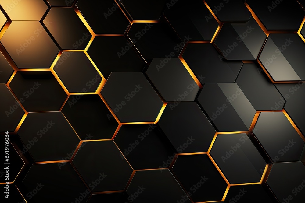 Abstract black and golden hexagon background. 3d render illustration, Luxury hexagonal abstract black metal background with golden light lines, AI Generated Abstract black and golden hexagon background. 3d render illustration, Luxury hexagonal abstract black metal background with golden light lines, AI Generated