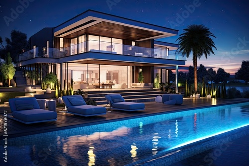 3d rendering of modern cozy house with pool and parking for sale or rent in luxurious style and beautiful landscaping on background. Clear summer night with many stars on the sky, AI Generated © Iftikhar alam
