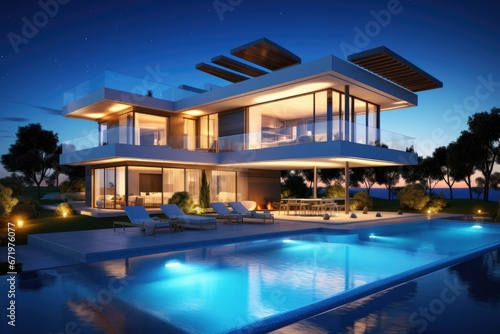 3d rendering of modern cozy house with pool and parking for sale or rent in luxurious style and beautiful landscaping on background. Clear summer night with many stars on the sky, AI Generated