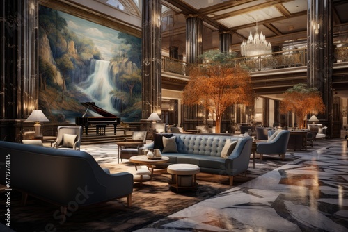 Luxury hotel lobby interior. 3D Rendering, 3D illustration, Luxury interior of a hotel lobby , AI Generated