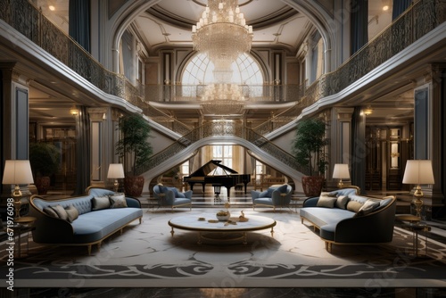 3D rendering of a luxury hotel lobby with a grand piano  Luxury interior of a hotel lobby   AI Generated