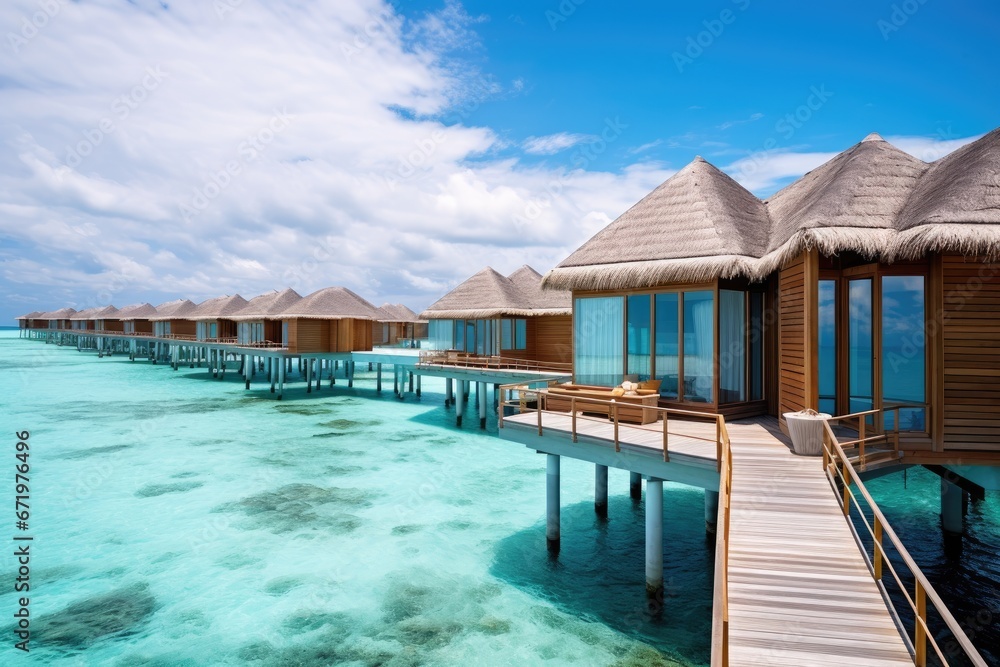 tropical beach in Maldives with few palm trees and blue lagoon, Maldives water bungalows, AI Generated tropical beach in Maldives with few palm trees and blue lagoon, Maldives water bungalows, AI Generated