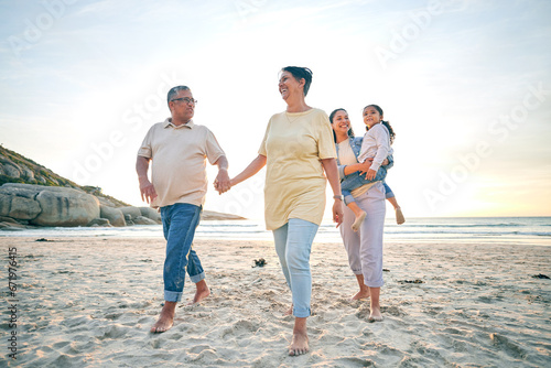 Grandparents, mother and child, generations and holding hands on the beach, travel and tropical vacation. People outdoor, man with women and young girl, adventure and smile in nature with trust