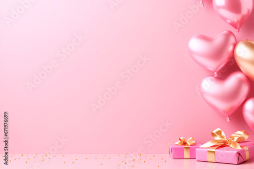 Happy valentines day banner. Pink and gold hearts foil balloons with gifts on pink Valentines Day background. Romantic banner with Copy Space © Uliana