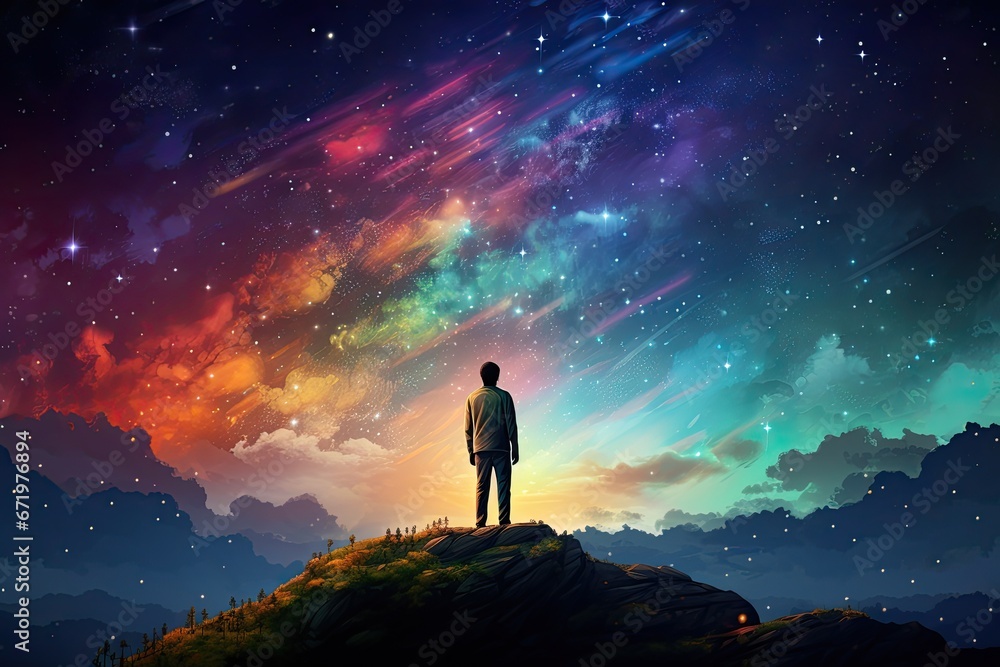 Man standing on top of hill and looking at colorful starry sky, man standing on the hill looking at the colorful night sky, digital art style, AI Generated