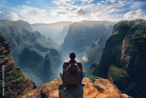 Man with backpack sitting on the edge of a cliff and looking at the valley, Man sitting on cliff edge alone enjoying aerial view backpacking lifestyle travel adventure outdoor, AI Generated