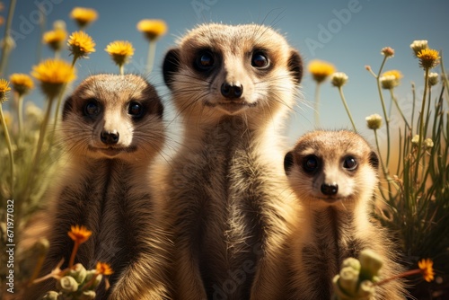 Family of meerkats standing guard in the desert, Generative AI © Shooting Star Std