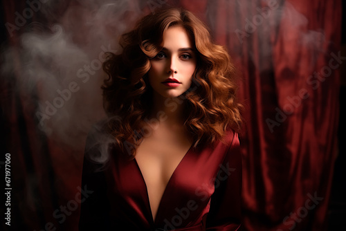 A young girl with brown wavy hair in a smoke. Dressed in a burgundy evening dress. Thriller scene