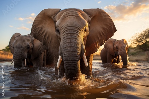 Group of elephants at a watering hole, Generative AI © Shooting Star Std