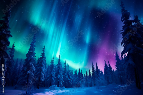 Northern lights on the background of a snowy forest, a beautiful landscape of the north pole. Bright image