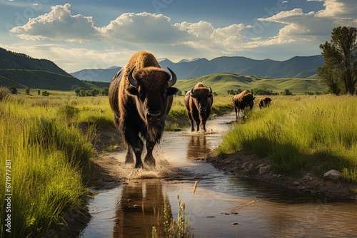 Herd of buffalo in the lush grasslands, Generative AI  photo