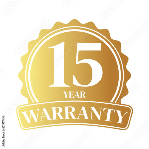 15 year warranty logo with golden shield and golden ribbon.Vector illustration.